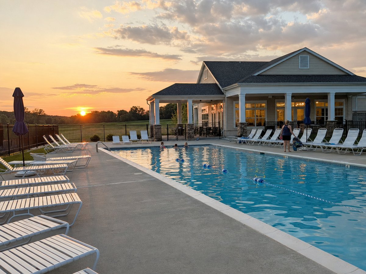 مسبح مجتمعي في الهواء الطلق عند الغروب مع كراسي استلقاء بيضاء ونادٍ اجتماعي بشرفة ذات أعمدة، وبضعة سبّاحين في الماء.