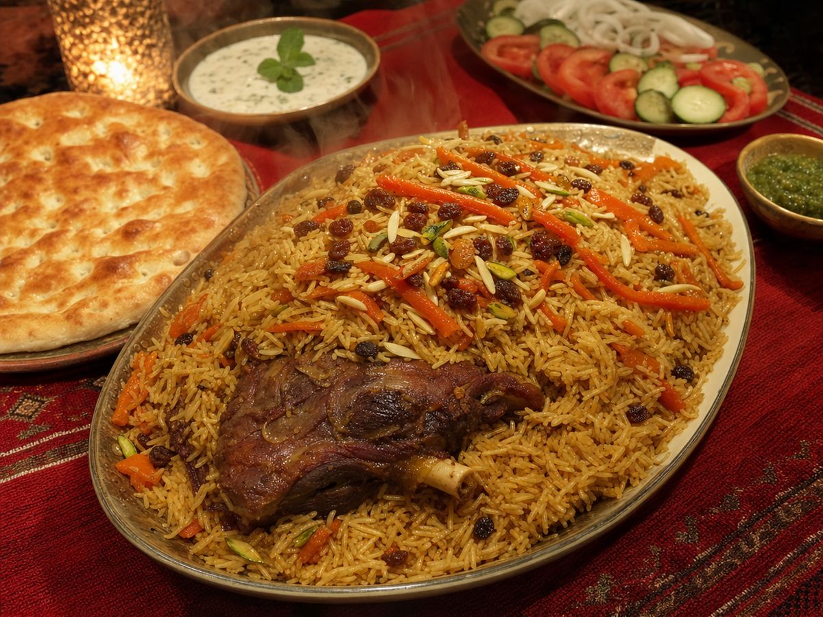طبق من الكابلي بلاو الأفغاني تعلوه الجزر والزبيب والمكسرات، مع لحم ضأن بالعظم وخبز مسطّح ولبن زبادي على قماش أحمر.