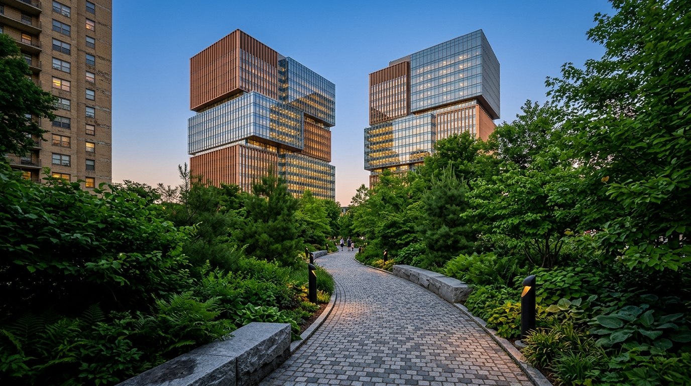 Two office towers with copper-colored fins and glass walls glow with lit windows at dusk above the trees and a curving lamp-lit path in Metropolitan Park.