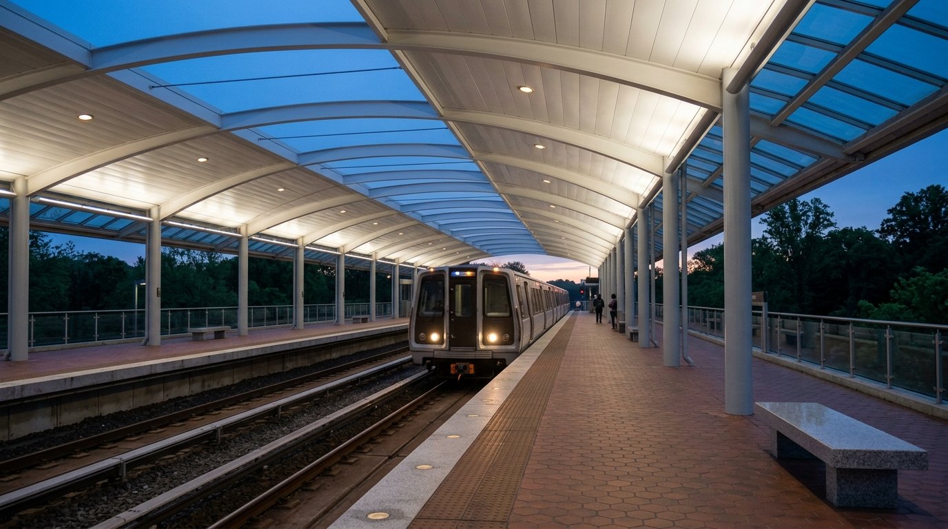 A silver Metro train with its headlights on arrives at an open-air platform under a long white arched canopy with glass skylights, in the blue light before sunrise.