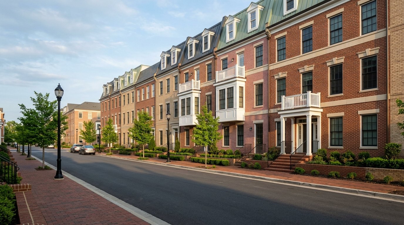 A row of tall brick townhouses with mansard roofs, white dormers and white balconies lines a quiet street with young trees and black lampposts in late-afternoon sun.
