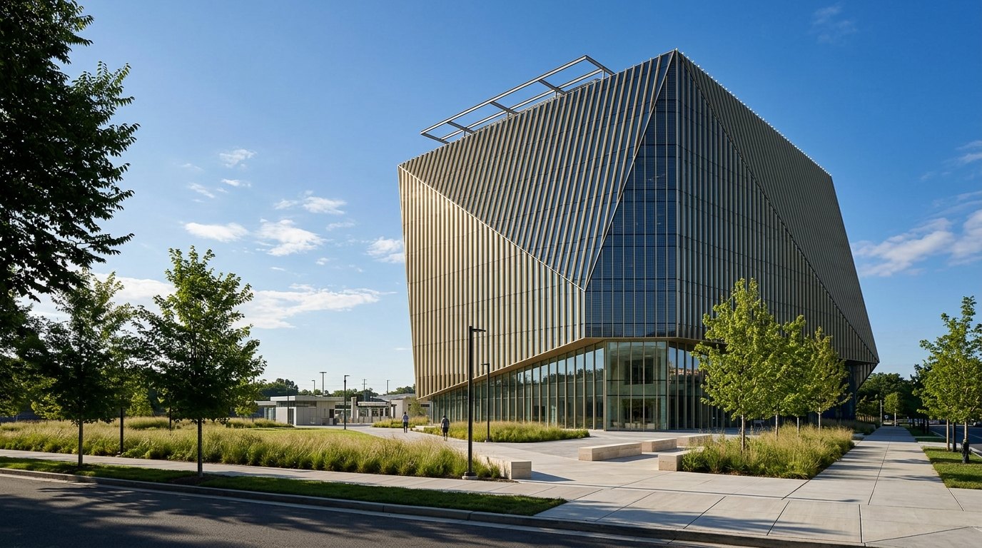 A faceted eleven-story glass building covered in thin gold-colored fins rises behind a landscaped plaza with tall grasses and young trees under a deep blue sky.