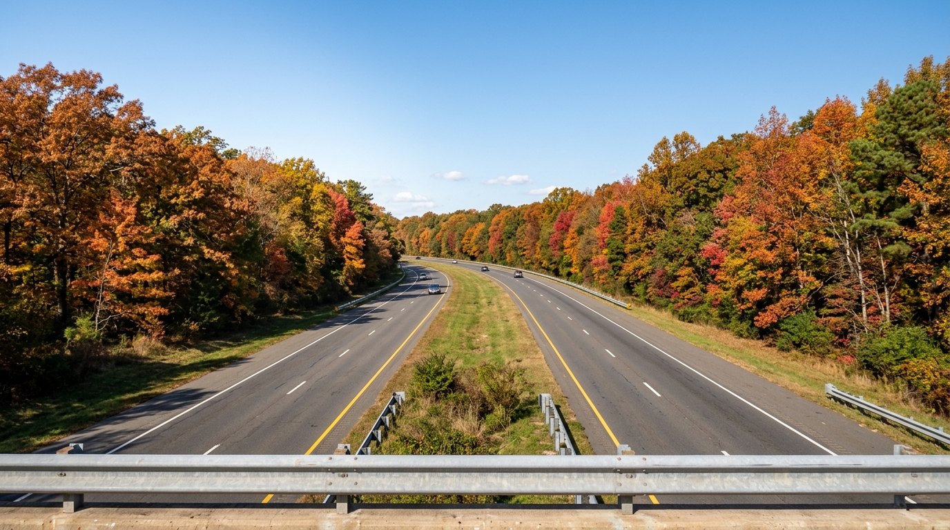 The divided Fairfax County Parkway curves south through woods in orange, red and gold fall color under a blue sky, with a few cars on the road.