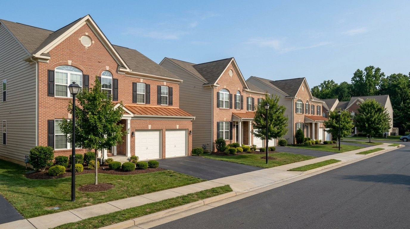 A row of two-story brick-front colonial homes with white garage doors, small lawns and young street trees lines a quiet street in Lorton's Laurel Hill area on a sunny summer day.