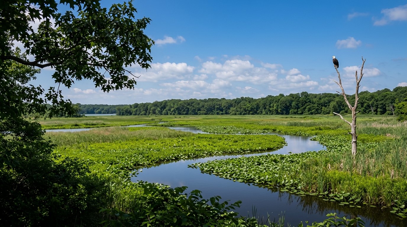 A dark channel winds through a bright green marsh toward a long wooded shore at Mason Neck National Wildlife Refuge, with a small bald eagle perched on a dead tree.