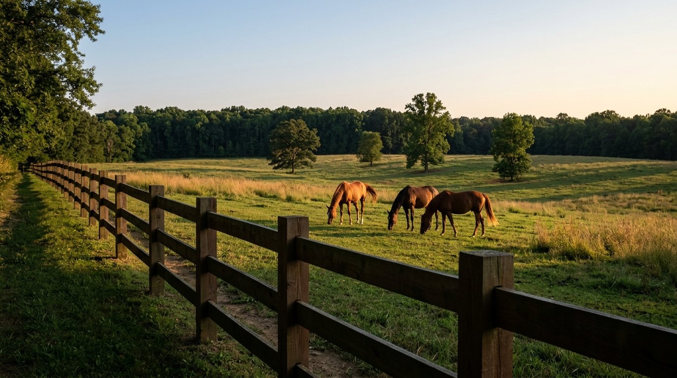 Three horses graze in a green pasture behind a weathered brown board fence at Meadowood in Lorton, lit by low evening sun with a forest behind them.