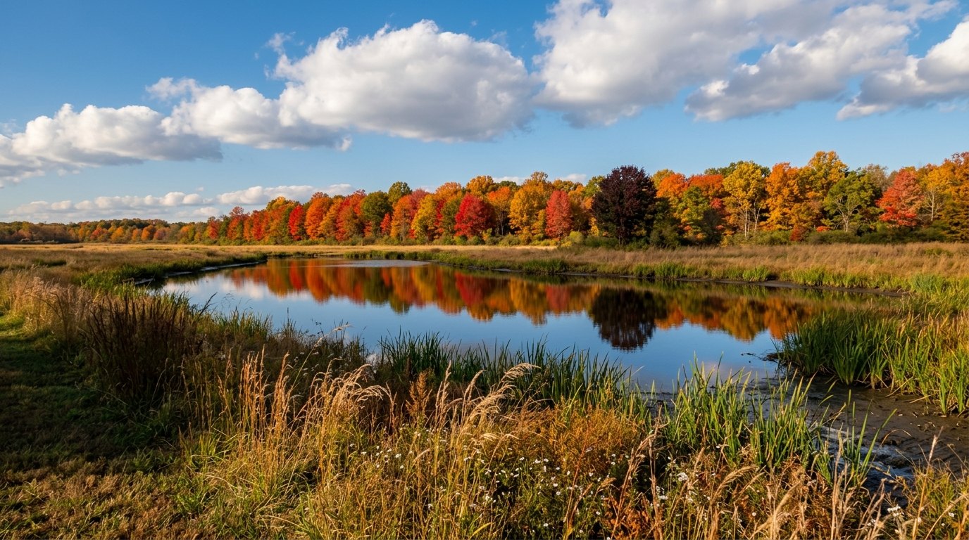 A still pond in a golden meadow at Occoquan Bay National Wildlife Refuge reflects a line of red, orange and gold trees under a blue sky with white clouds.