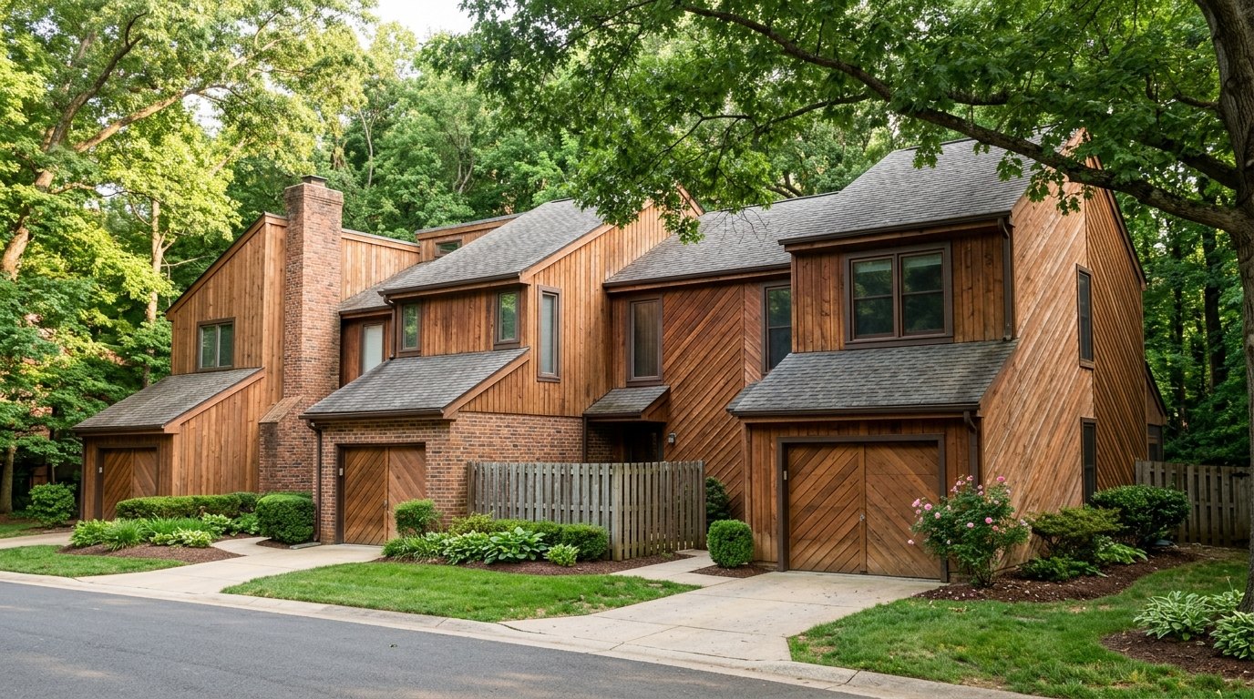 A row of two-story townhouses with warm brown cedar siding, dark shingled shed roofs, a brick chimney and wooden chevron garage doors sits under tall shade trees behind small green lawns.