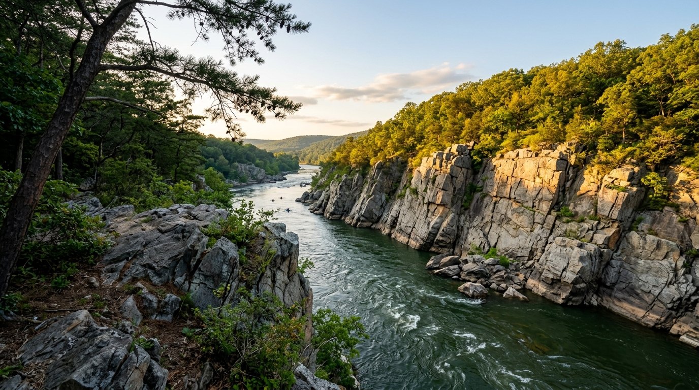 An emerald-green river winds through a narrow gorge between steep gray cliffs topped with green woods, lit by low evening sun, with two tiny kayaks on the water.