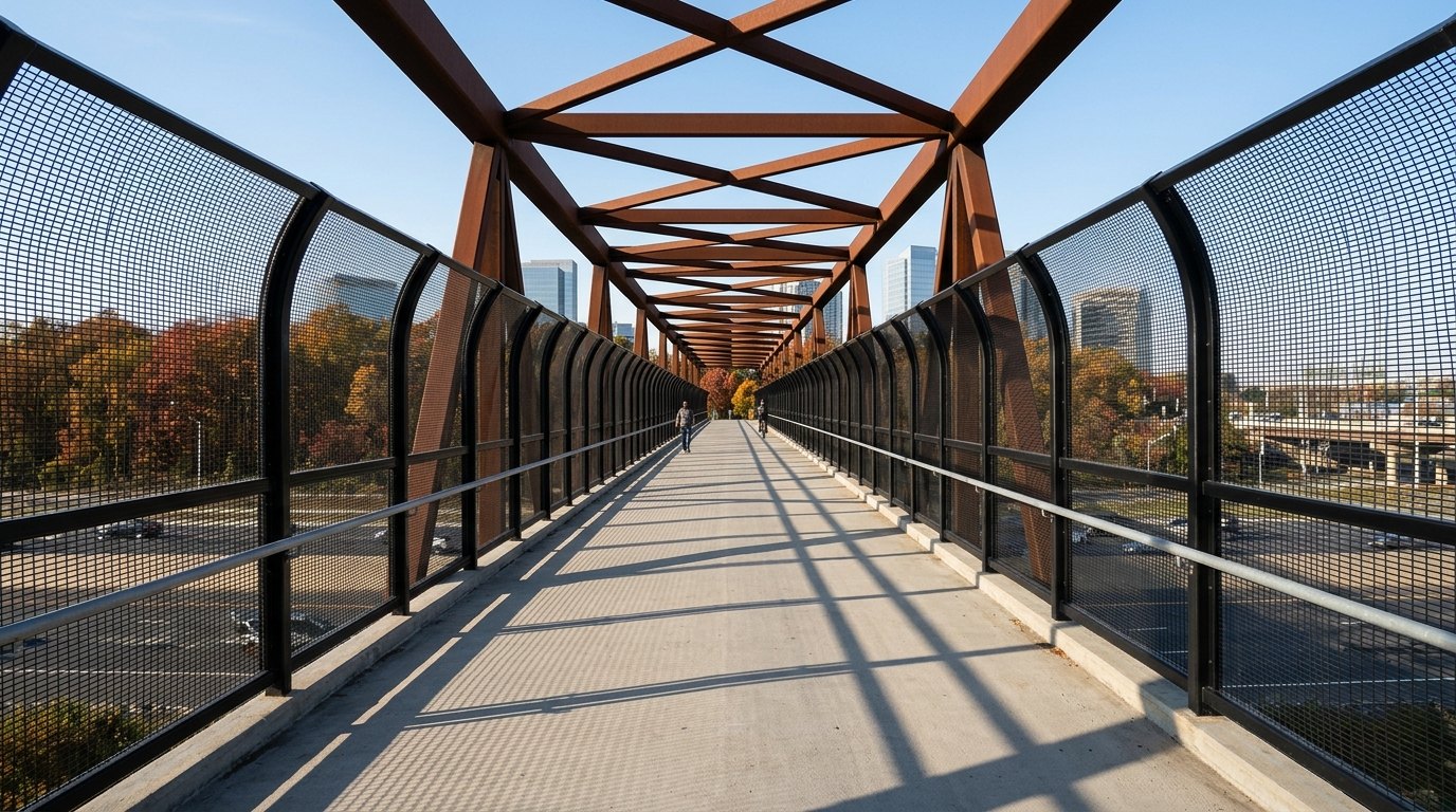 A walker and a cyclist cross a rust-brown steel truss footbridge with black mesh sides over the Beltway, with Tysons towers ahead.