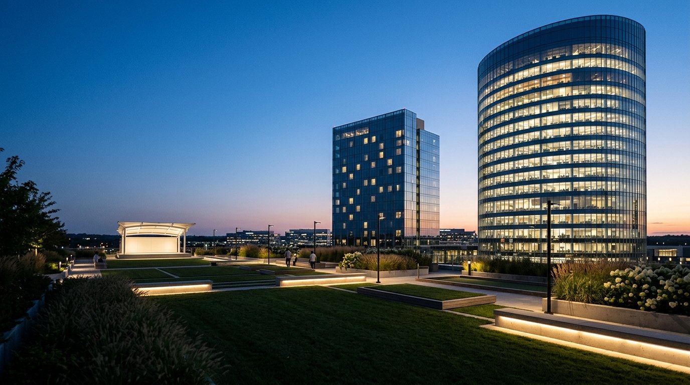 A rooftop park with lit lawns, grasses and a small stage at blue hour, with two glowing glass towers rising behind it.