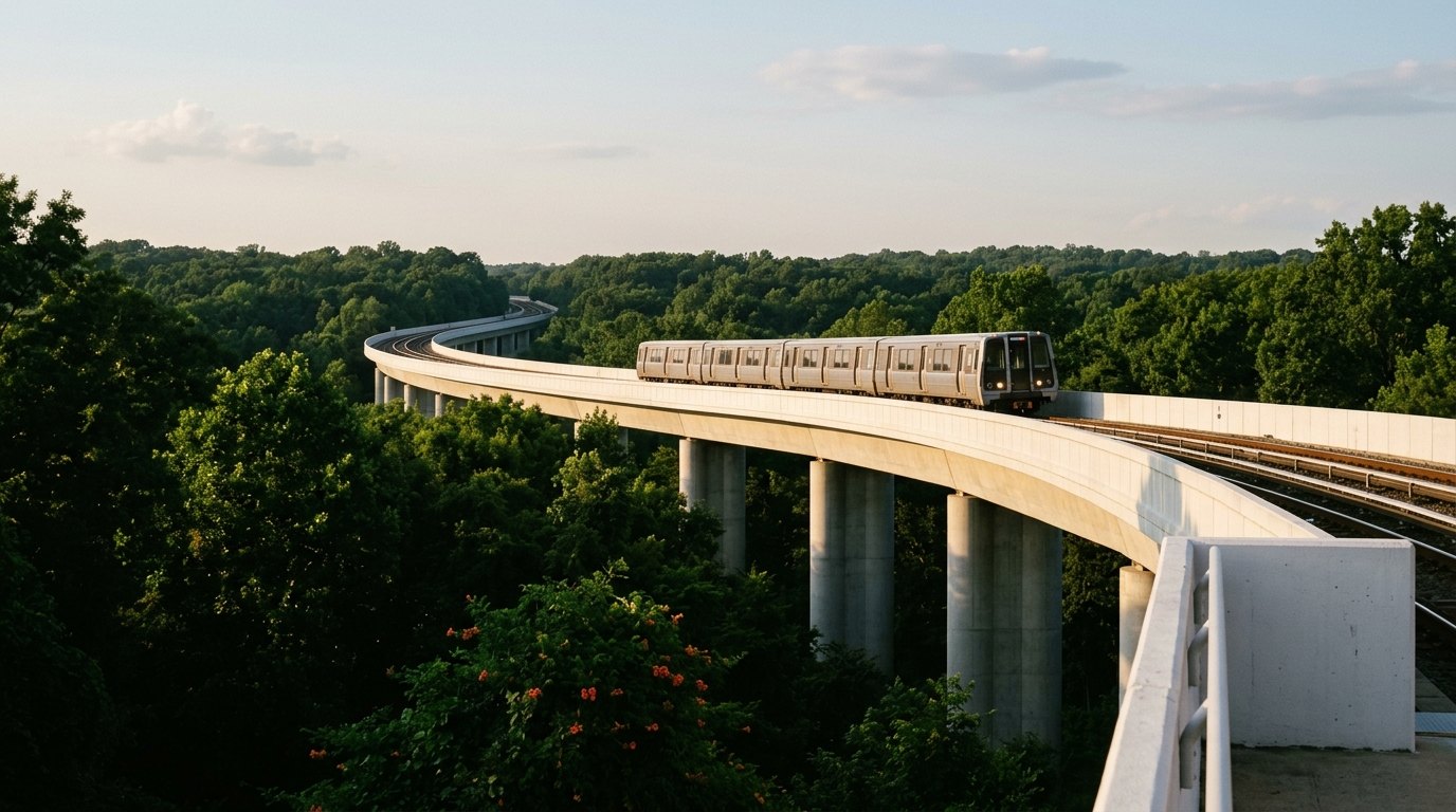 A silver Metro train rounding a long elevated concrete curve through green treetops toward McLean station in golden afternoon light.