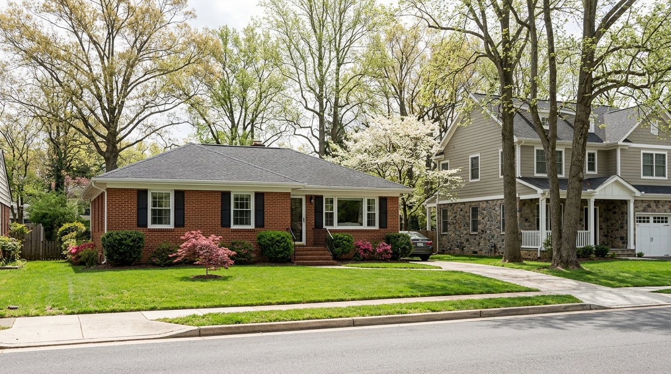A one-story red-brick rambler with black shutters and a small red Japanese maple on a green lawn, beside a newer stone and siding home under tall spring trees.