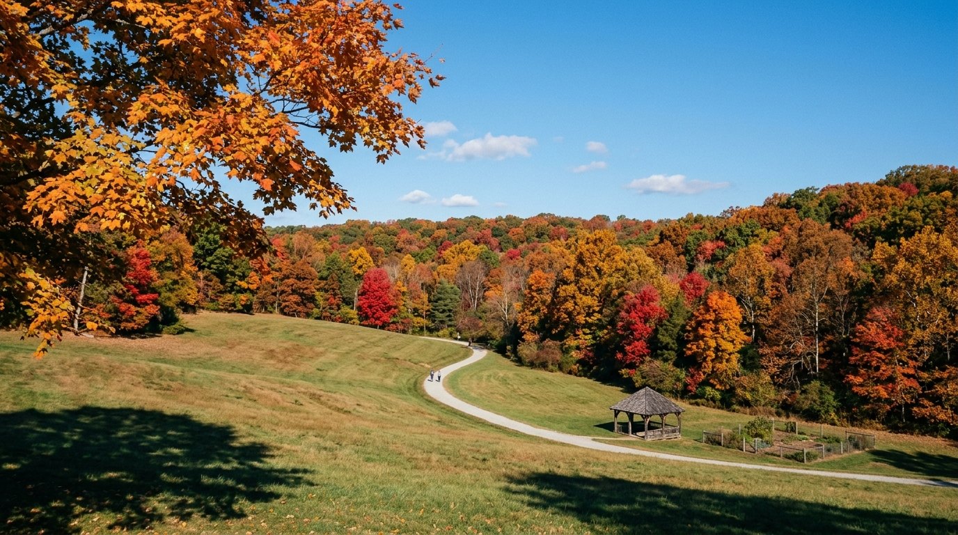 A sunny fall meadow at Wolf Trap with a small gazebo and a curving path, ringed by red, orange and gold woods under a blue sky.