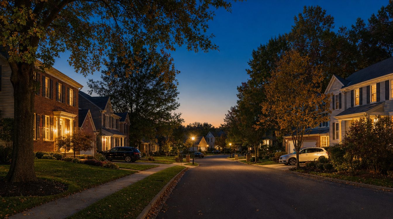 A Northern Virginia street at dusk with every house lit